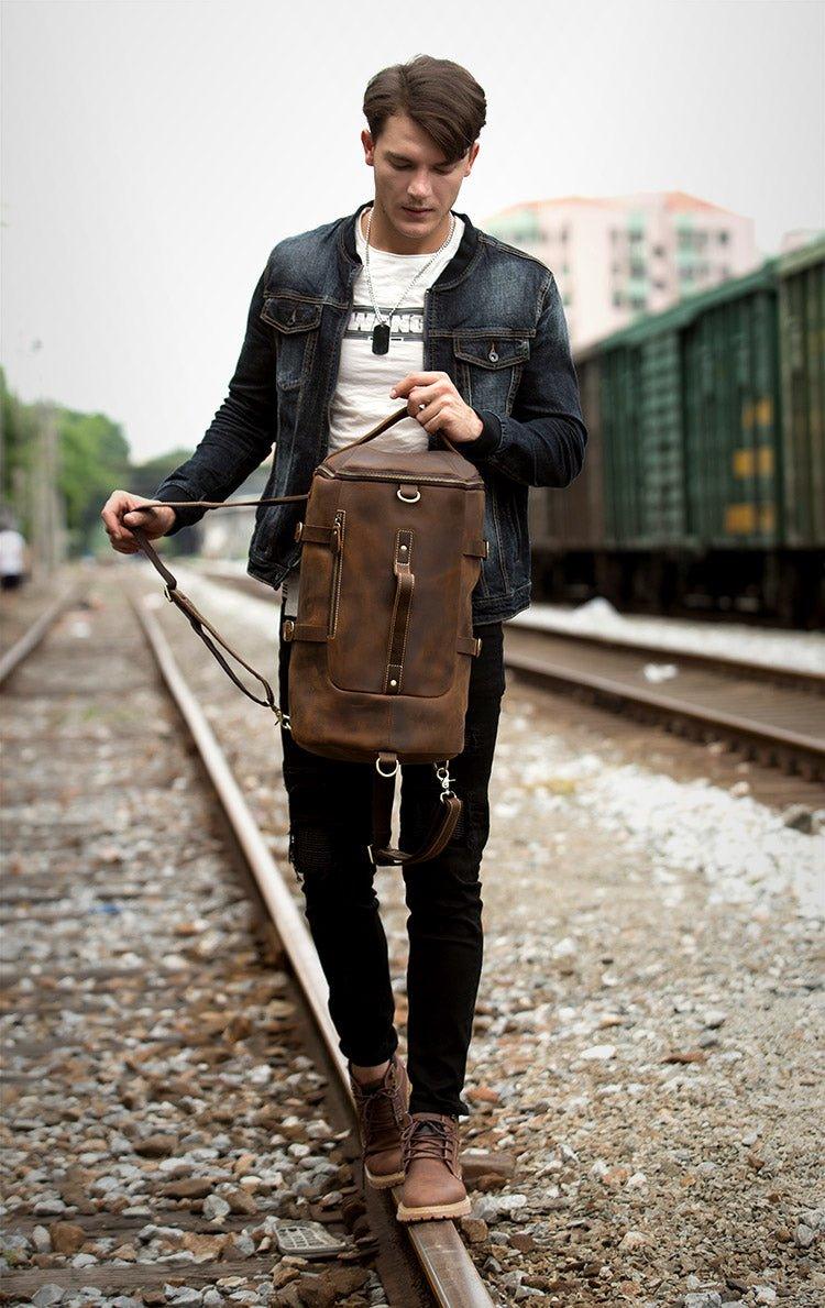 Woosir Leather Vintage Mens Backpack Large Barrel Shape