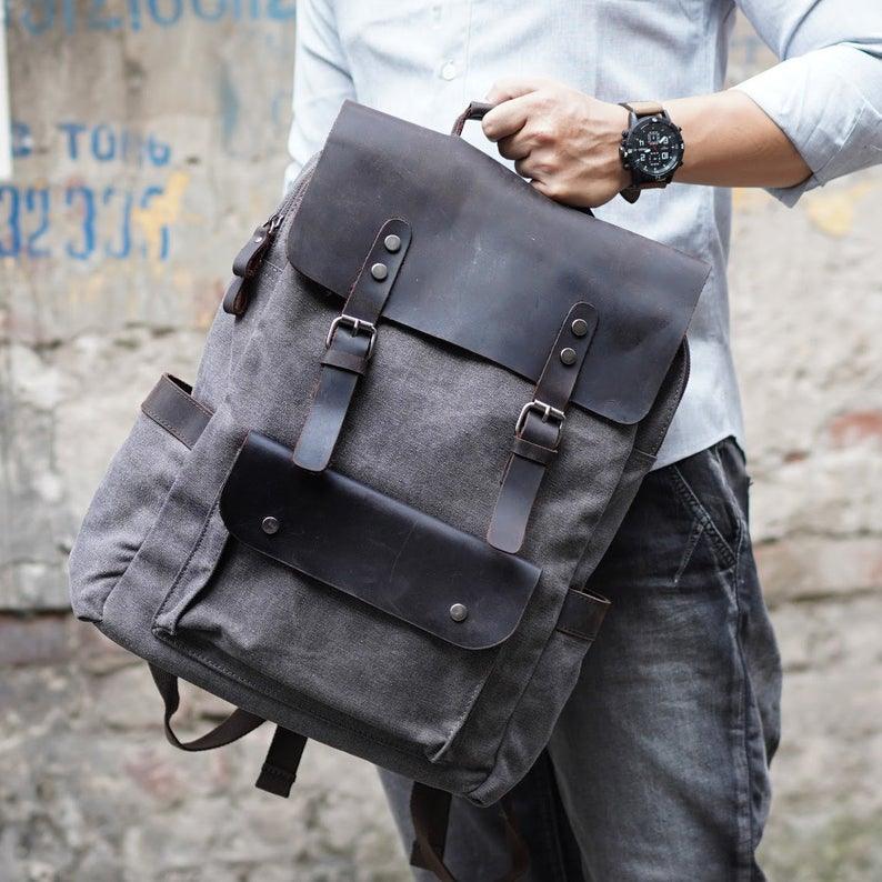 Leather Canvas Backpack 15.6 inch