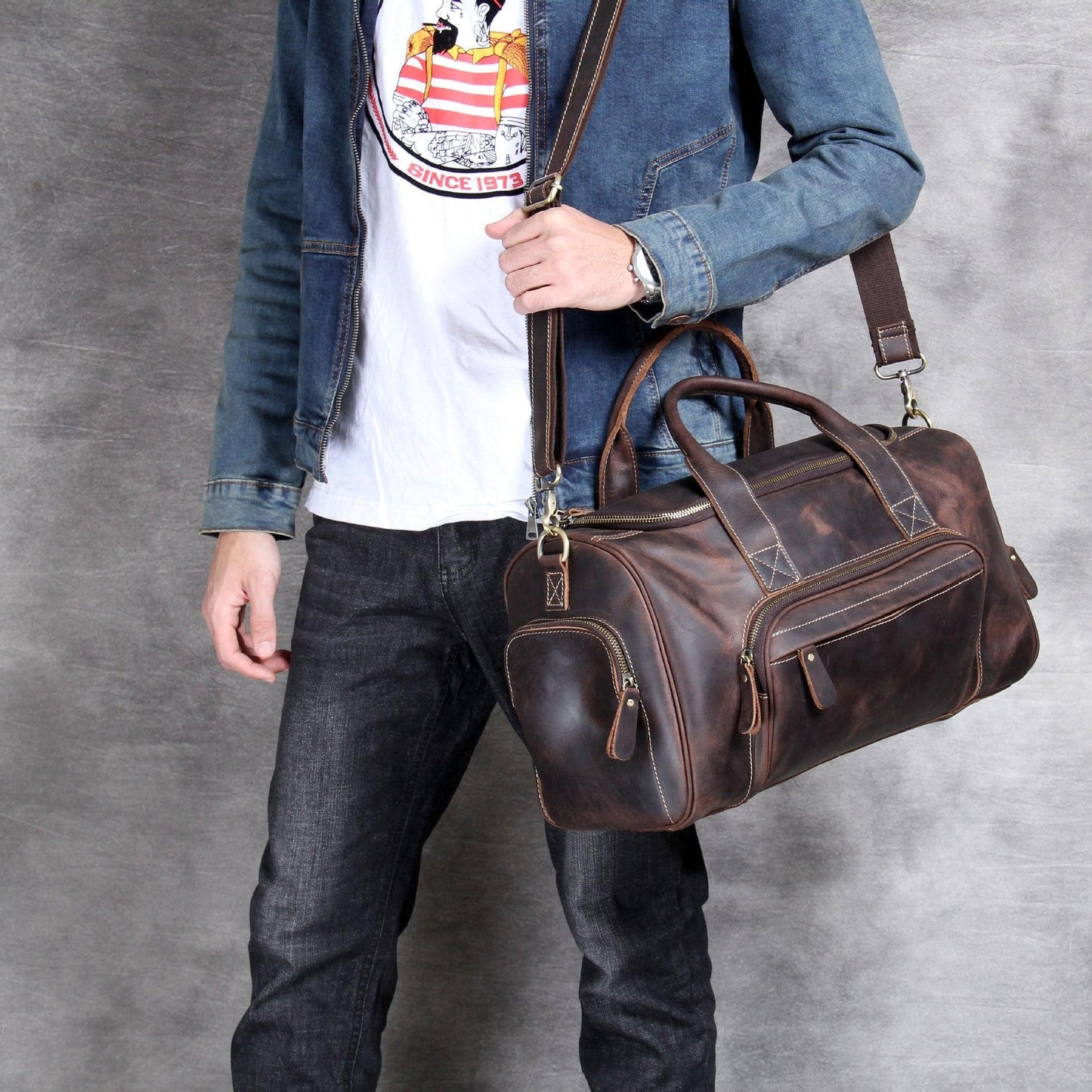 Mens Leather Duffle Bag with Pockets