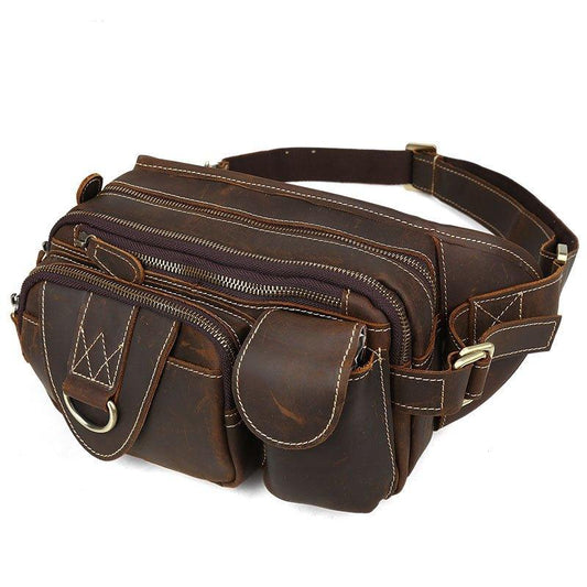 Woosir Leather Fanny Pack with 5 Zippered Pockets