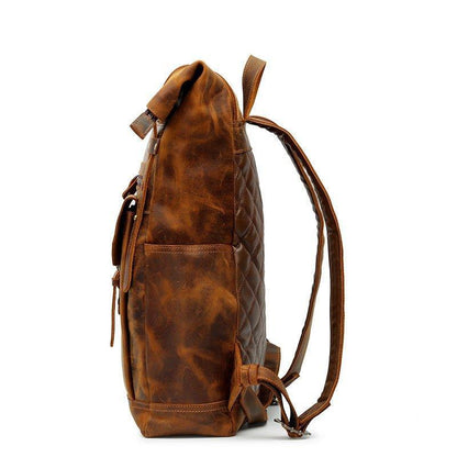 Mens Leather Backpack Vintage Roll Top with Front Pocket