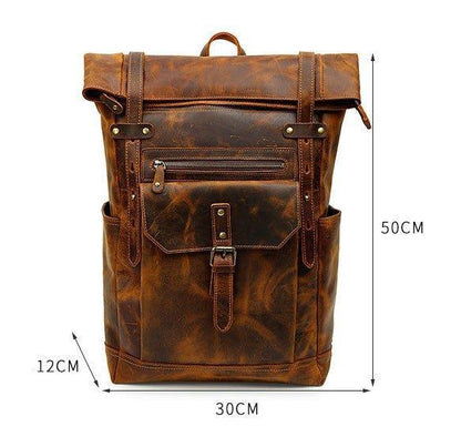 Mens Leather Backpack Vintage Roll Top with Front Pocket