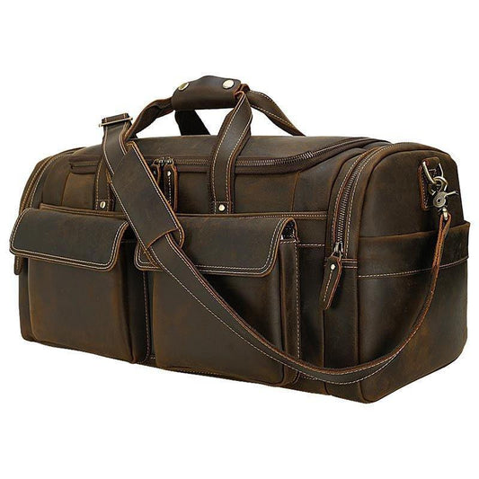 Mens Leather Travel Bag with Zipper Pockets