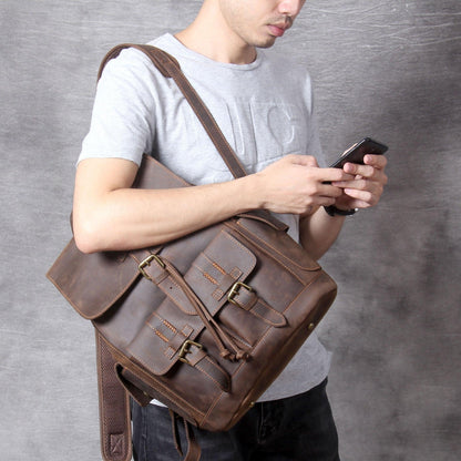 Vintage Leather Backpacks Travel with Trolley Sleeve