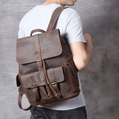 Vintage Leather Backpacks Travel with Trolley Sleeve