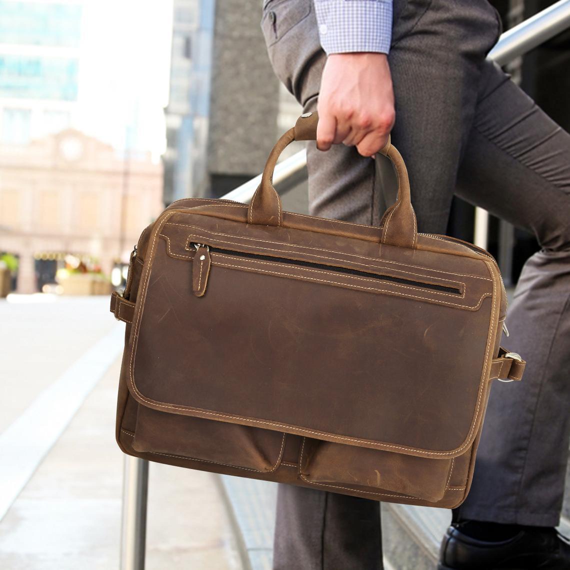 Mens Leather Briefcase Messenger Bag 14 Inches