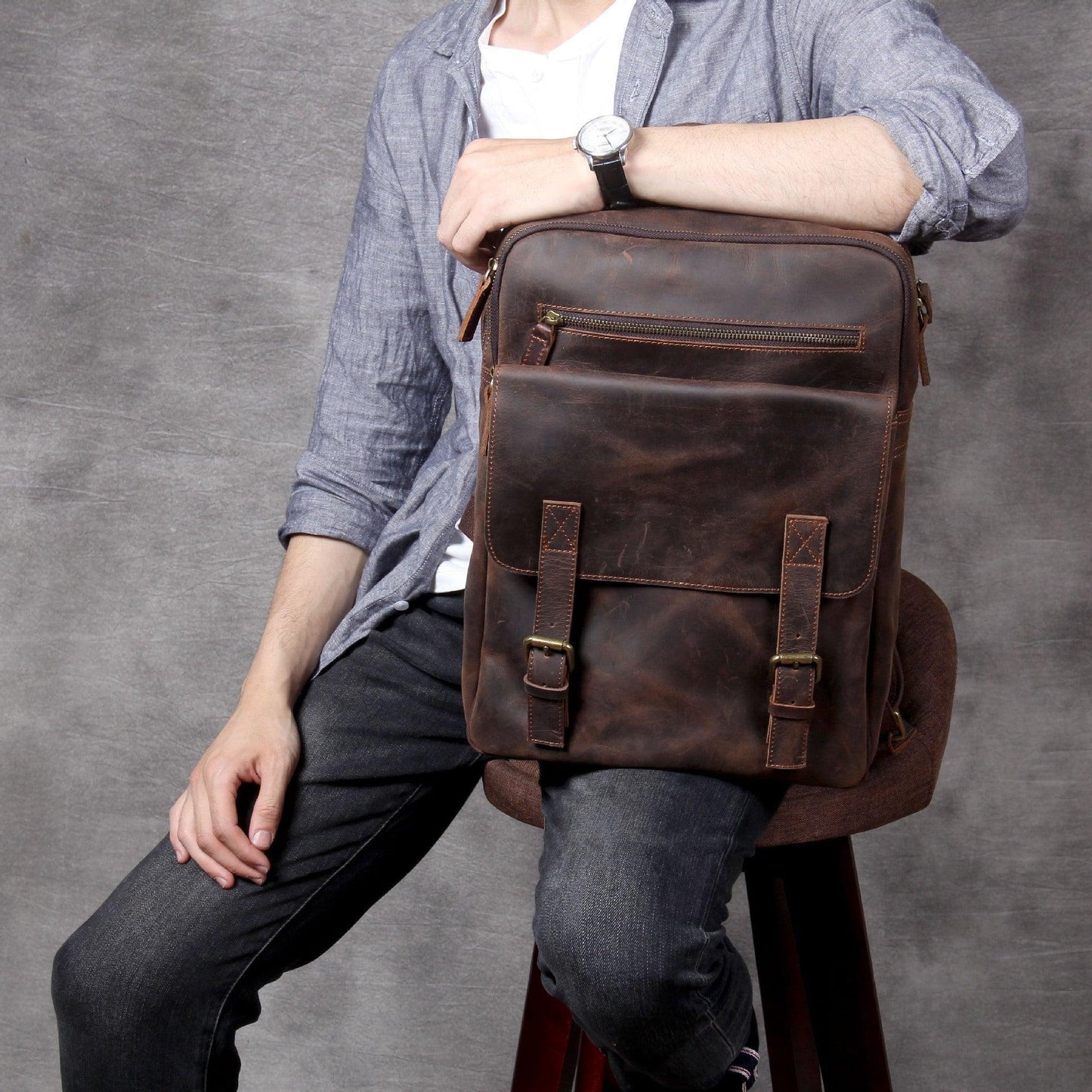 Mens Leather Laptop Backpack for Business