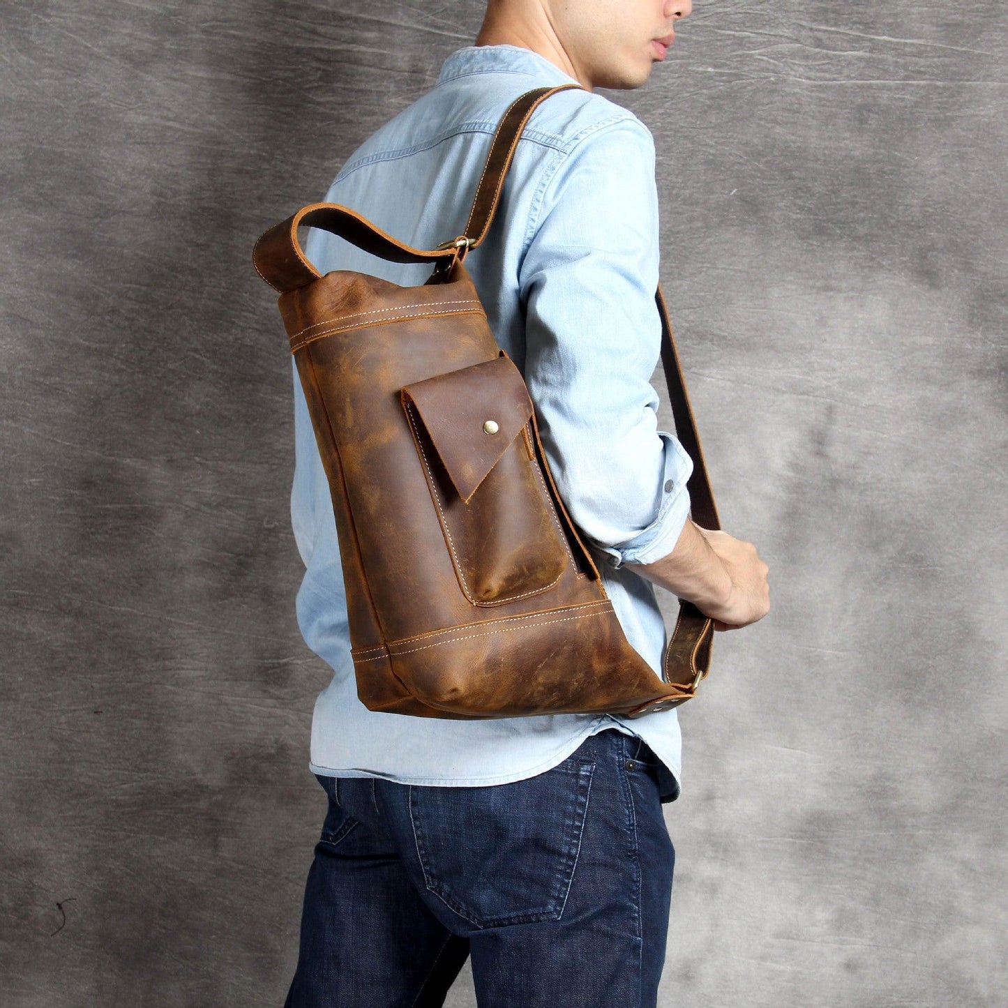 Mens Leather Sling Backpack