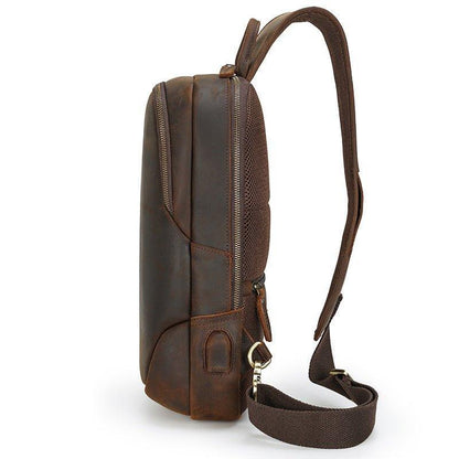 Men's Leather Sling Chest Pack with USB Port