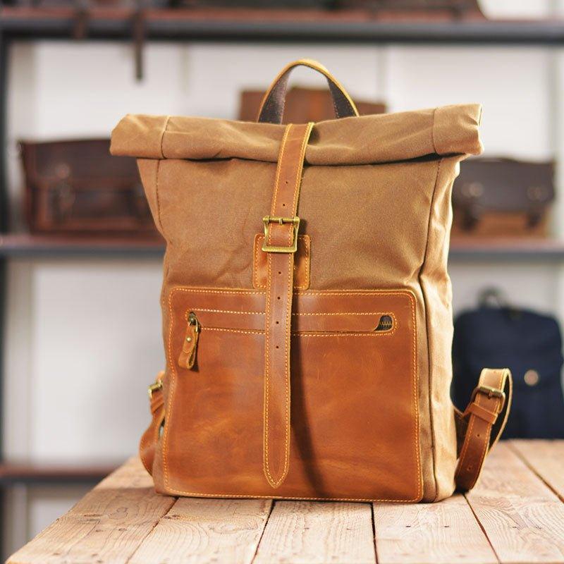 Roll Top Vintage Backpack Canvas with Laptop Sleeve