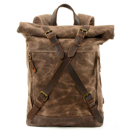 Mens Roll Top Canvas Backpack Vintage Rucksack