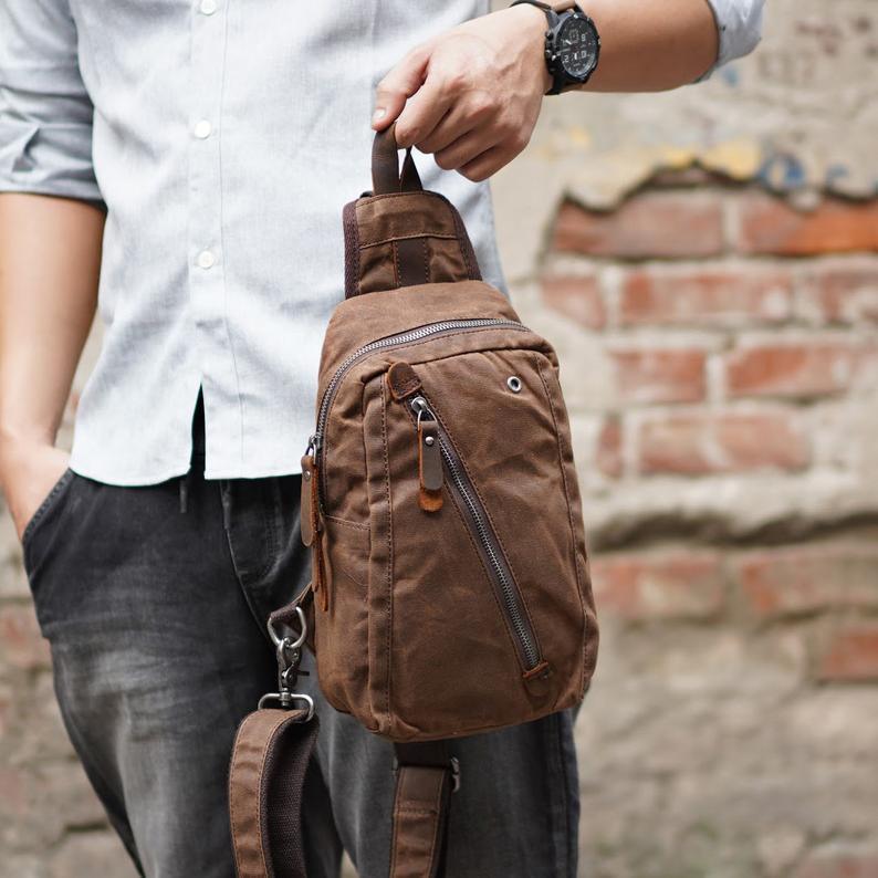 Woosir Sling Backpack Mens Waxed Canvas Crossbody Bag