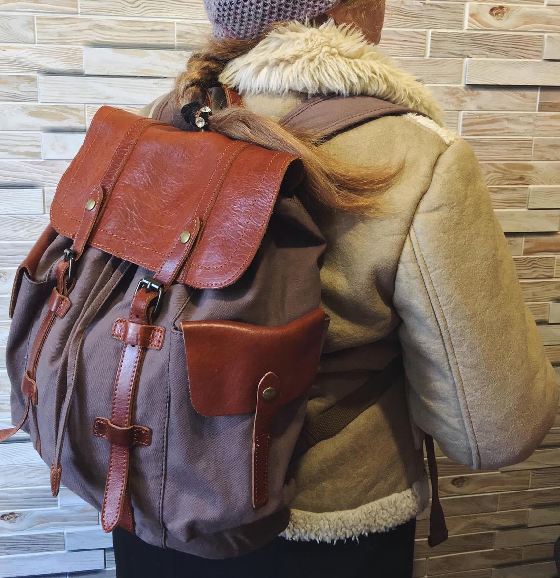 Vintage Backpack Leather Canvas