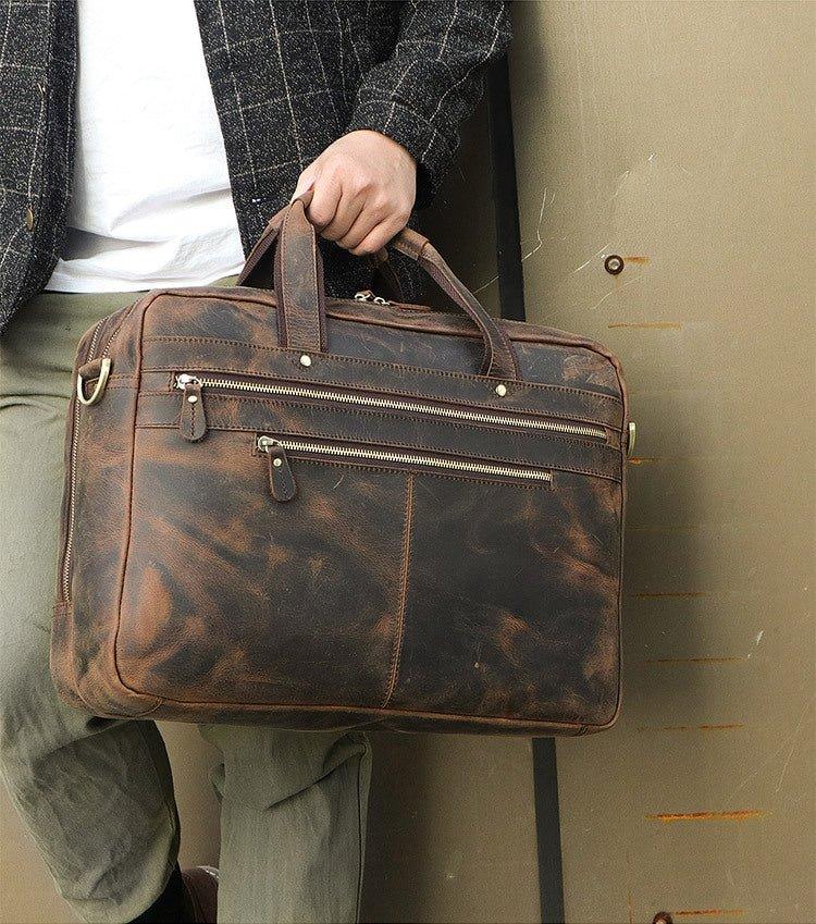 Woosir Vintage Mens Leather Work 17" Laptop Briefcase