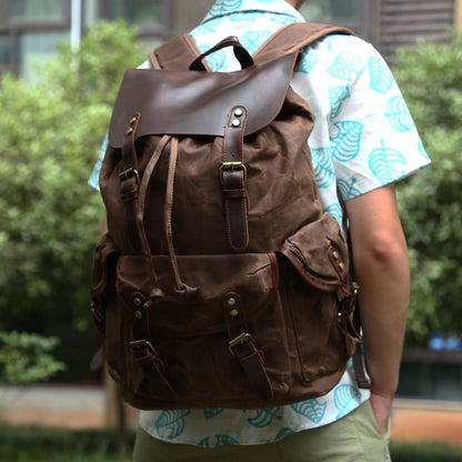 Vintage Waxed Canvas and Leather Backpack Mens