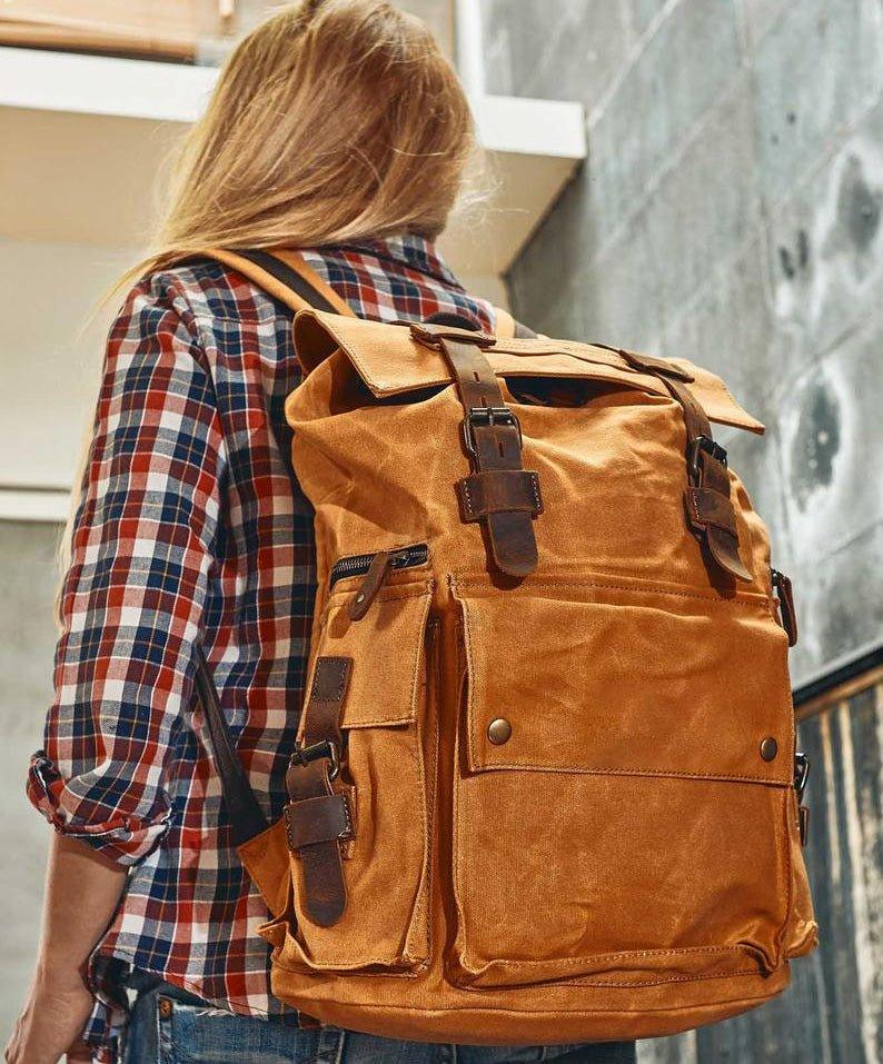Mens Waxed Canvas Backpack Rucksack Vintage