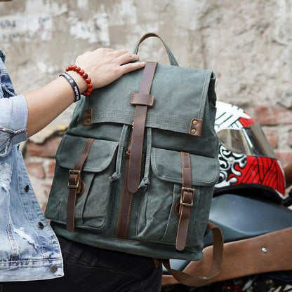 Waxed Canvas Backpack with Front Pockets