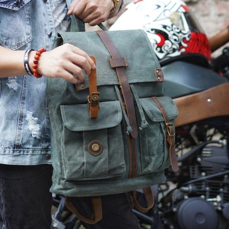 Waxed Canvas Backpack with Front Pockets