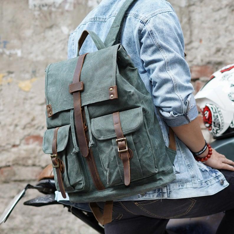 Waxed Canvas Backpack with Front Pockets