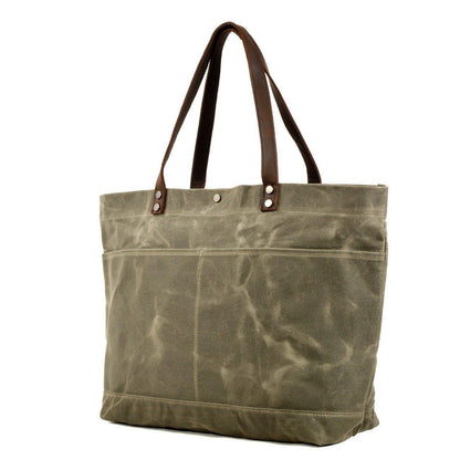 Woosir Waxed Canvas Shoulder Tote Bag with Front Pockets