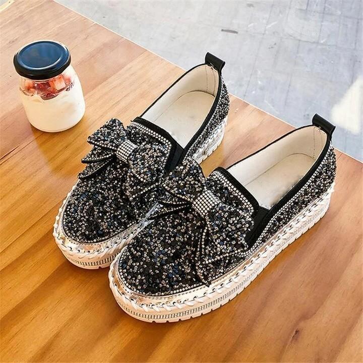 👡Libiyi Women Shining Rhinestone Slip-on Loafers with Cute Bowknot - Libiyi