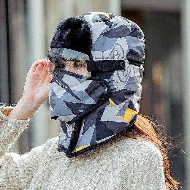 Unisex Winter Warm Hat with Windproof Facemask and Windproof Glasses